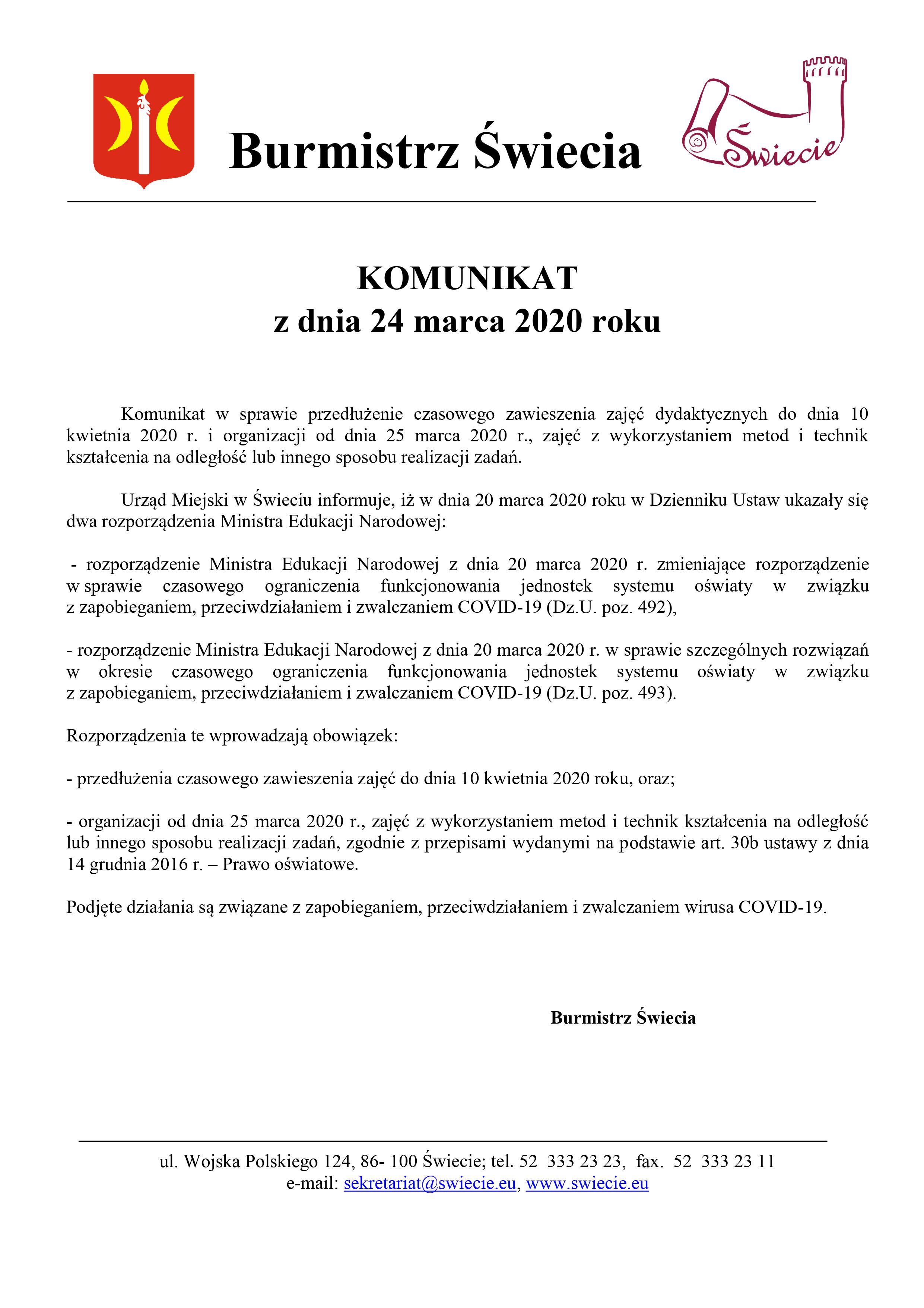 Komunikat z 24.03.2020 oświata